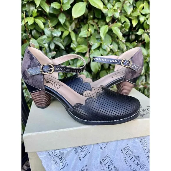 L’Artiste Spring Step Parchelle Black Perforated Mary Jane Heels Size 7.5-8 NEW - Picture 8 of 8